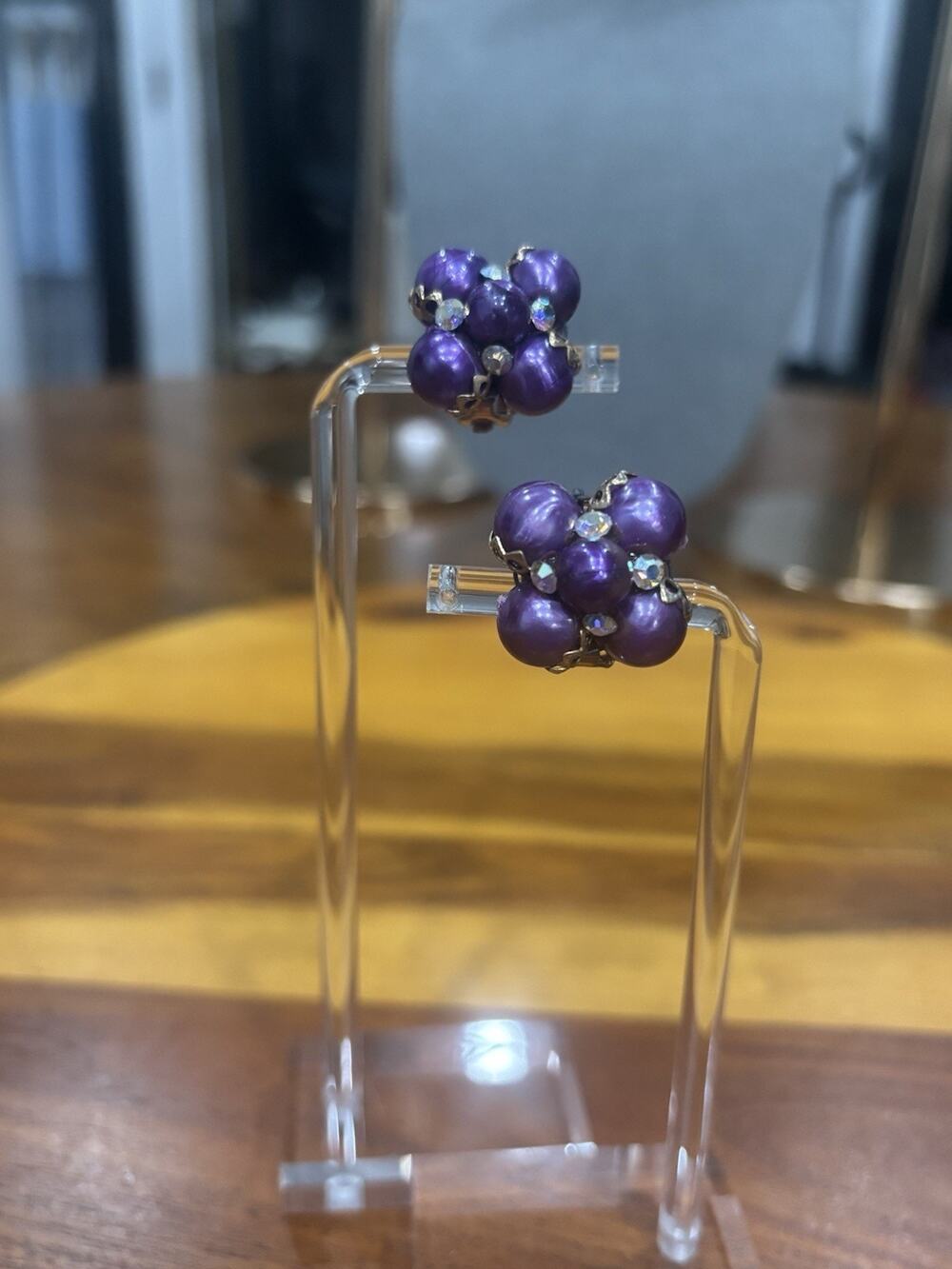 Vintage Retro MCM Purple Simulated Pearl Flower Cluster Clip-On Earrings